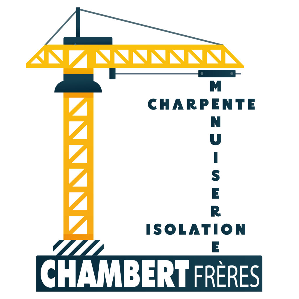 A2com - Logo de Chambert Frère Une grue en jaune, Chabert Frères est au pied de la grue. Charpente, Menuiserie et isolation sert d'attache pour la grue.