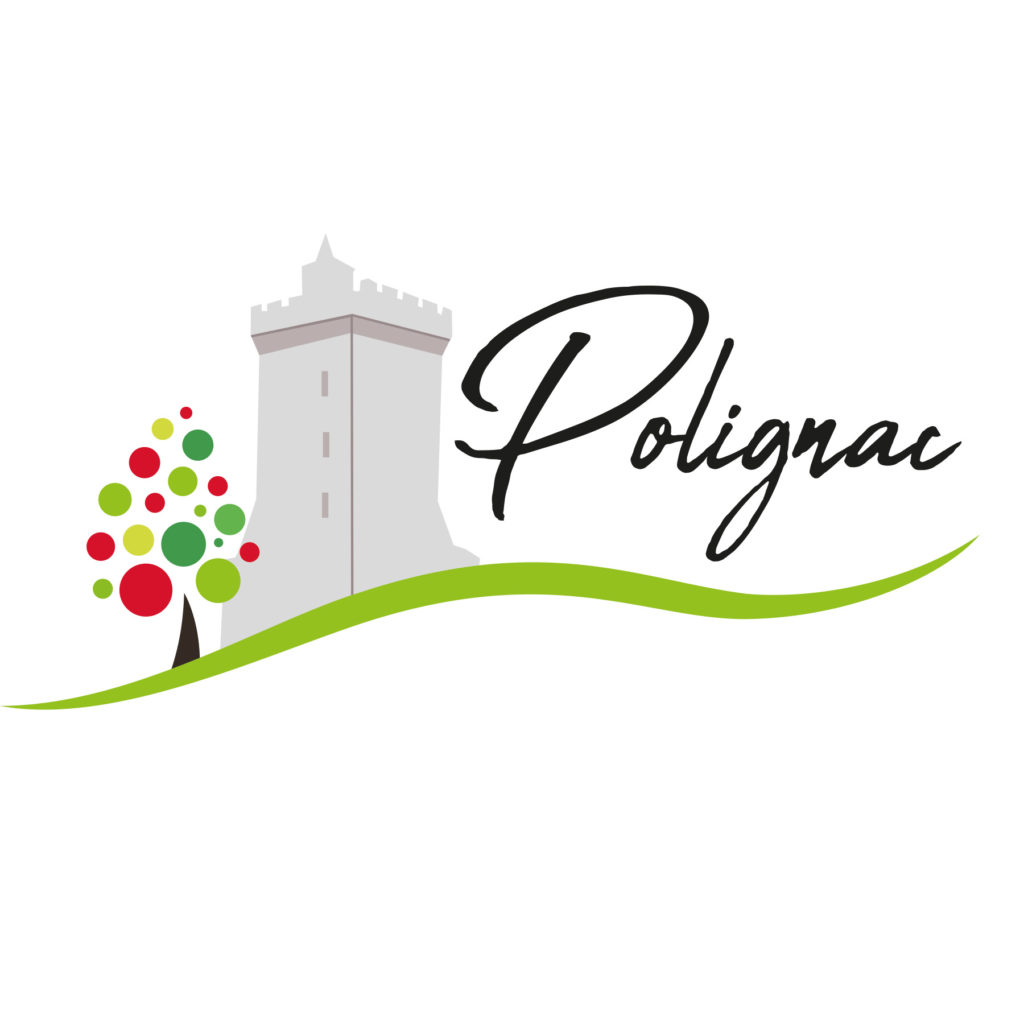 Le logo de la mairie de Polignac Avec un liserais vert sur le bas, un arbre vert et rouge. Une tour et écrit Polignac écrit en italique.