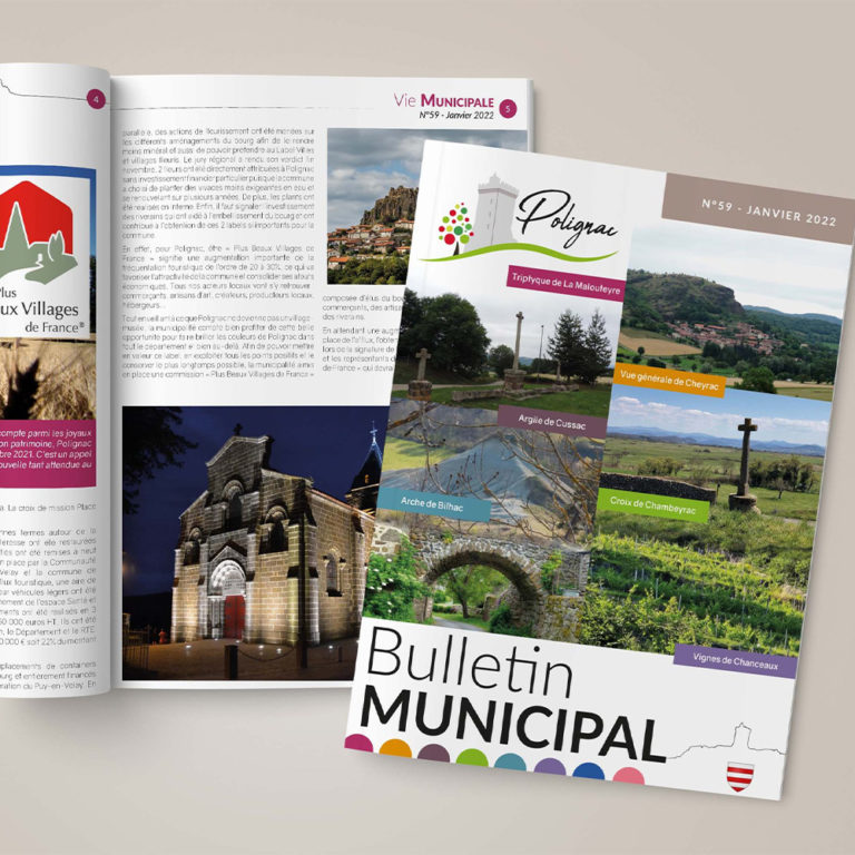 Bulletin municipal de la ville Polignac. Mis en page par A2 Com. Avec des photo de la ville, le logo en haut à gauche.