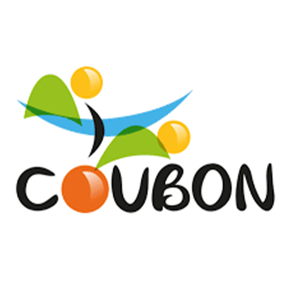 A2com - Logo de la ville de Coubon. Un dessin abstrait vert, bleu et jaune. Coubon écrit en noir, avec le premier O en orange.