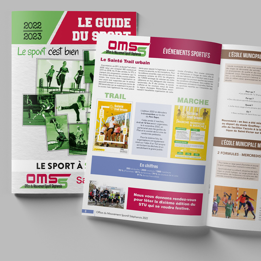 A2com - Le guide du sport de l'OMSS Mockup d'un magazine sur fond gris, la couverture verte avec plusieurs photos de sportifs.